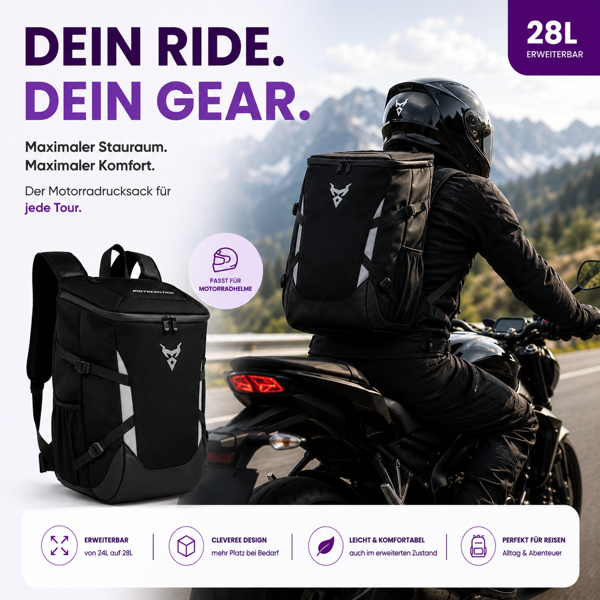 Erweiterbarer Motorradrucksack – Mehr Platz für jedes Abenteuer