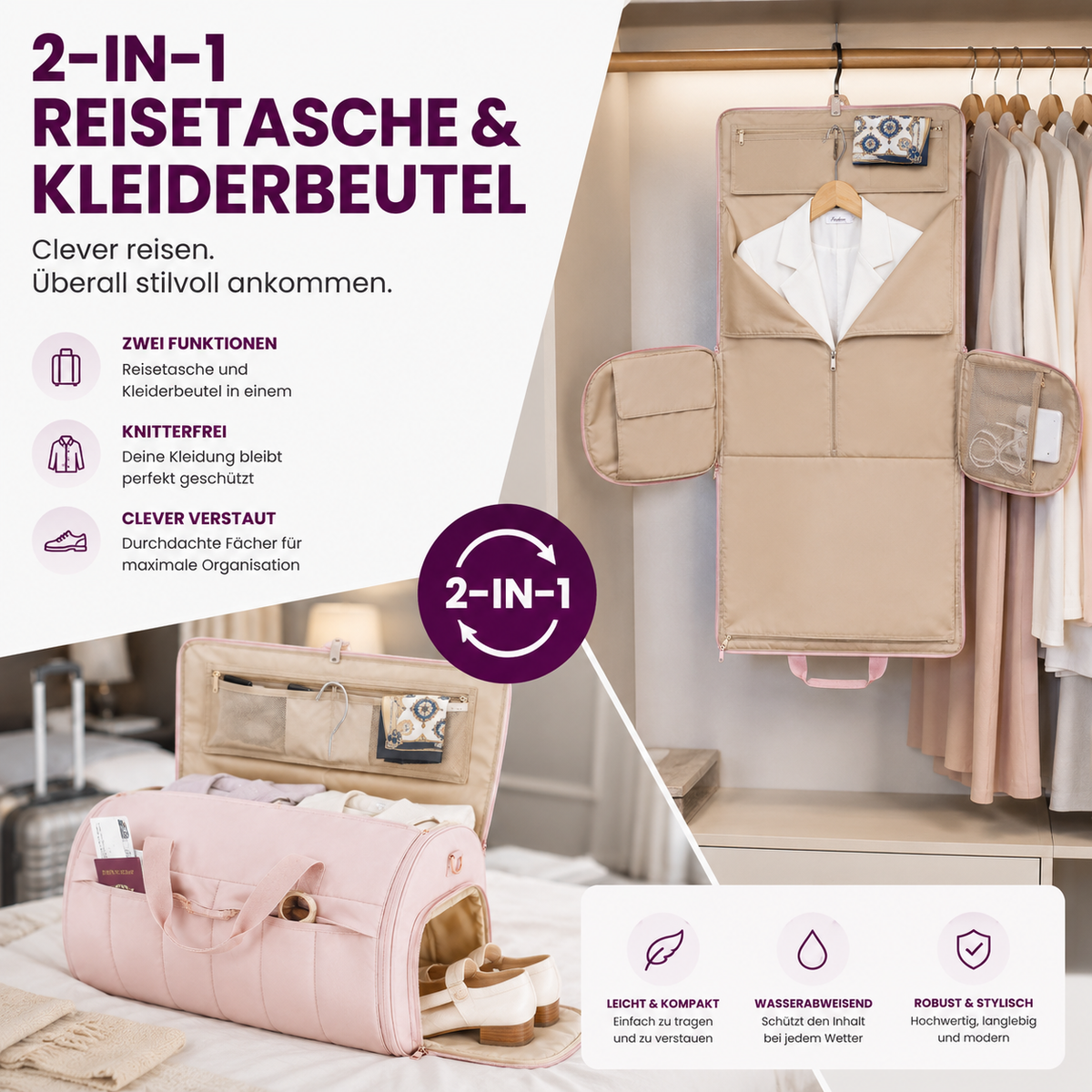 2-in-1 Kleider- & Reisetasche – Knitterfrei ankommen. Flexibel unterwegs.